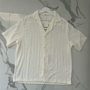 Men's White Eyelet Short-Sleeve Button-Down Shirt